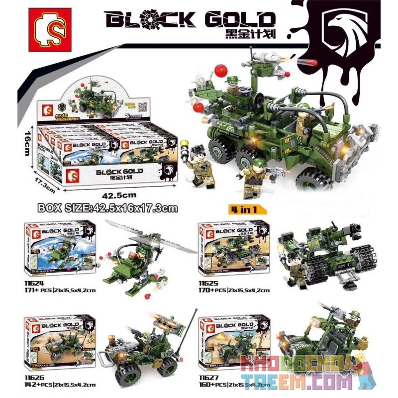 SEMBO WEKKI VIGGI 11624 11625 11626 11627 non Lego SỰ KẾT HỢP VŨ KHÍ TỐI THƯỢNG XE 4 bộ đồ chơi xếp lắp ráp ghép mô hình Military Army BLACK GOLD Quân Sự Bộ Đội 643 khối