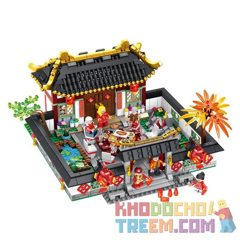 PanlosBrick - Panlos Brick 610001 Xếp hình kiểu Lego MINI MODULAR The Spring Festival Chinese New Year's Eve Dinner Tết Cổ Truyền Đông Vui 1566 khối
