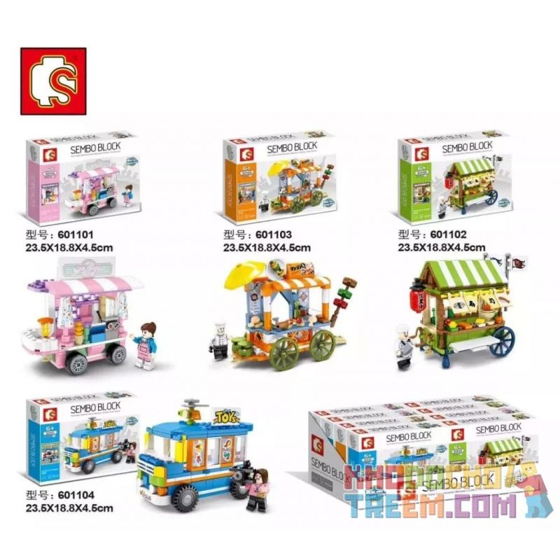 SEMBO 601101 601102 601103 601104 Xếp hình kiểu Lego CITY Sembo Block Mini-town Mobile Stalls 4 Ice Cream, Barbecue, Sushi, Toys Xe Bán Hàng Rong gồm 4 hộp nhỏ lắp được 4 mẫu 606 khối