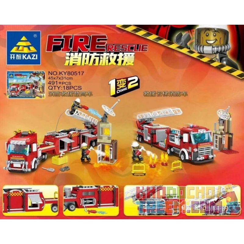 Kazi KY80517 80517 Xếp hình kiểu Lego FIRE RESCURE Fire Rescue Depends On High Truck, Rescue Cloud Ladder Fire Truck 1 Change 2 