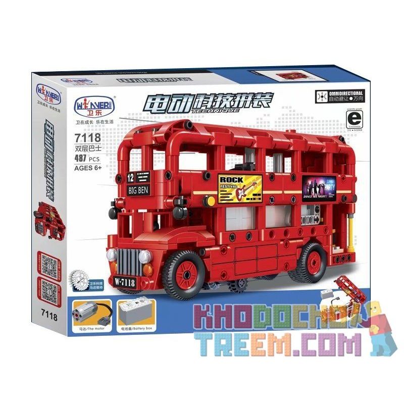Winner 7118 Xếp hình kiểu Lego TECHNIC Electric Technology Assembly Double Decker Bus Xe Bus 2 Tầng 487 khối điều khiển từ xa