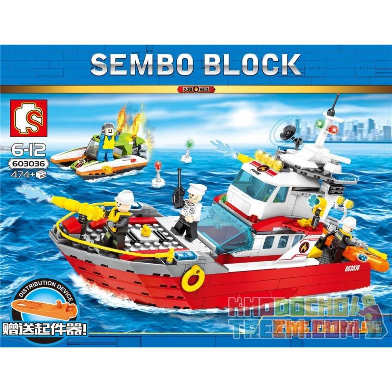 SEMBO 603036 Xếp hình kiểu Lego FIRE RESCURE Fire Frontline Fire Front Line Fire Ship Tàu Cứu Hỏa Trên Biển 474 khối