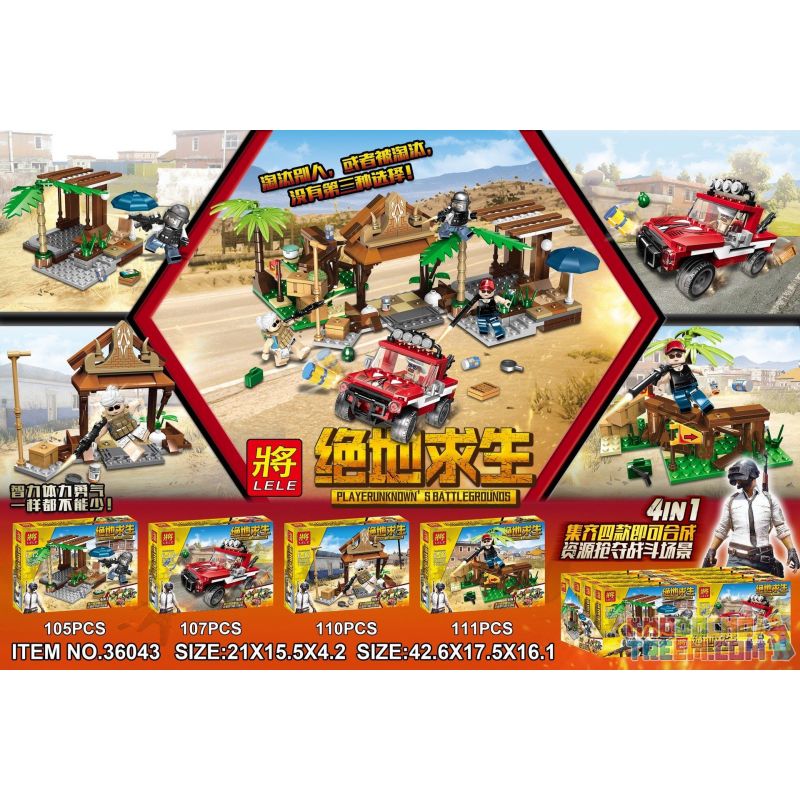 LELE 36043 36043-1 36043-2 36043-3 36043-4 Xếp hình kiểu Lego PUBG BATTLEGROUNDS Scene 4 Trò Chơi Sinh Tồn gồm 4 hộp nhỏ 433 khối