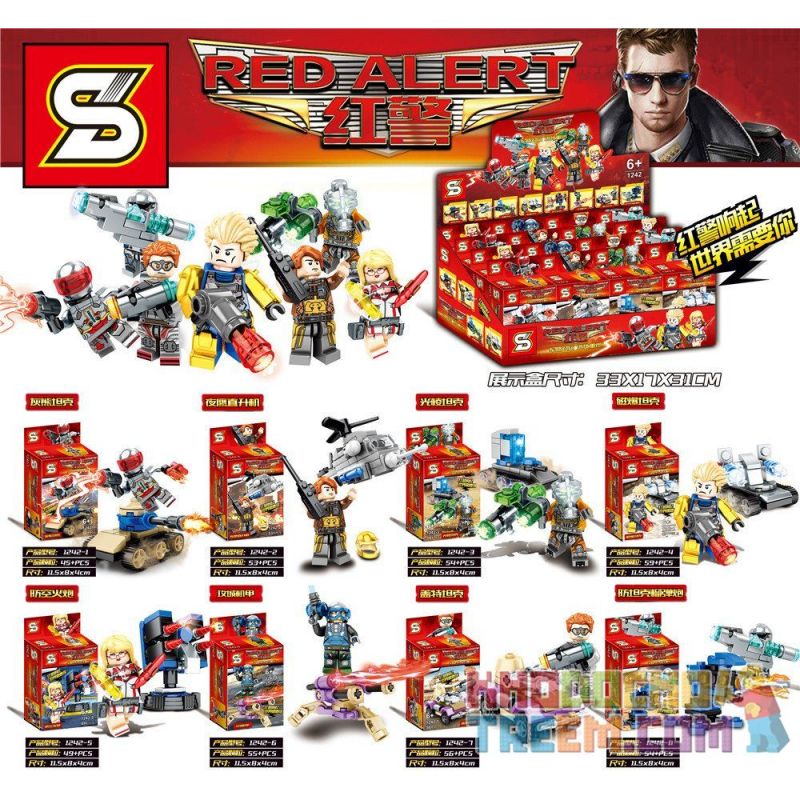 SHENG YUAN SY 1242 1242-1 1242-2 1242-3 1242-4 1242-5 1242-6 1242-7 1242-8 Xếp hình kiểu Lego RED ALERT Minifigure Vehicle Weapons 8 Grizzly Tanks, Nighthawk Helicopters, Prism Tanks, Magnetic Storm Tanks, Anti-Aircraft Artillery, Siege Mechs, Getter Tanks, Anti-Tank Howitzers Trận Chiến Red Alert gồm 8 hộp nhỏ 425 khối
