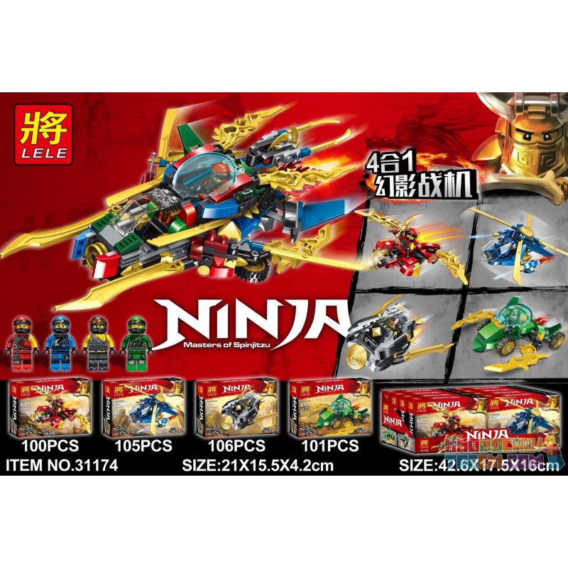 LELE 31174 31174-1 31174-2 31174-3 31174-4 Xếp hình kiểu THE LEGO NINJAGO MOVIE Ninja Masters Of Spinjitzu Phantom Fighter 4 In 1 Siêu Xe NinjaGo 4 Mẫu gồm 4 hộp nhỏ 412 khối