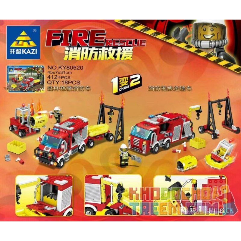 Kazi KY80520 80520 Xếp hình kiểu Lego FIRE RESCURE Fire Rescue Forest Rescue Fire Truck, Fire Drag Transport Vehicle 1 Change 2 