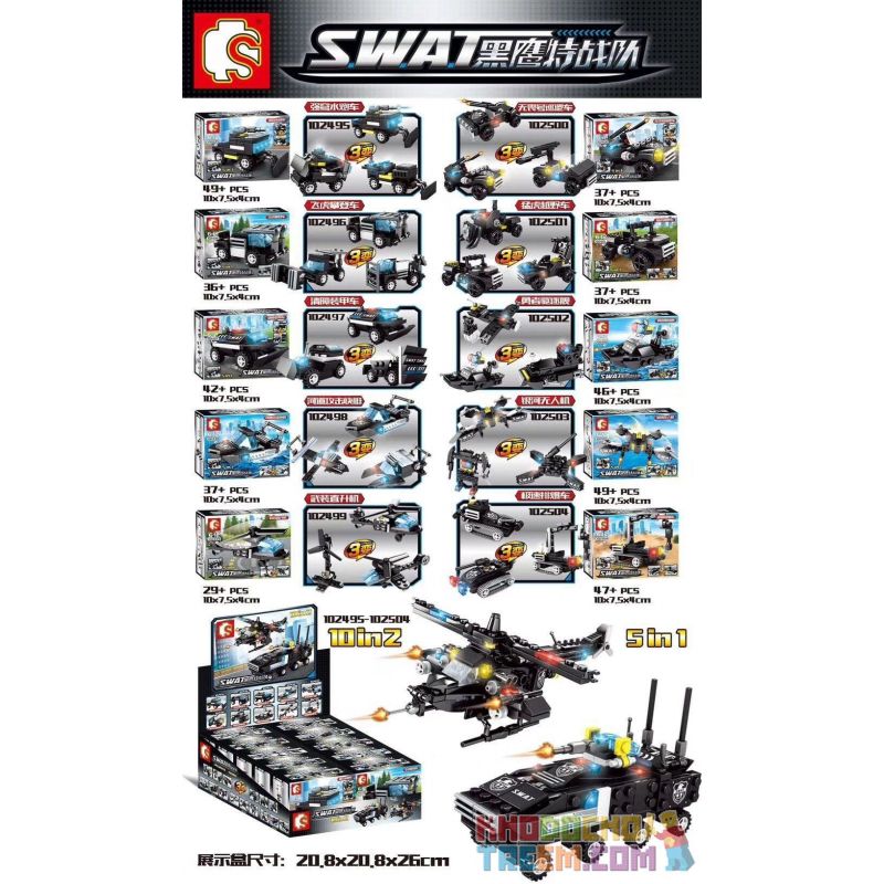 SEMBO 102495 Xếp hình kiểu Lego Swat Special Force Black Hawk Forces Vehicles 10 Types Strong Crossbow Water Cannon Vehicle Flying Tiger Climbing Armored Wrecker River Attack Speedboat Armed Helicopter Intrepid Patrol Off-Road Brave Destroyer Galaxy Drone Extreme-Speed Anti-Explosive gồm hộp nhỏ 409 khối