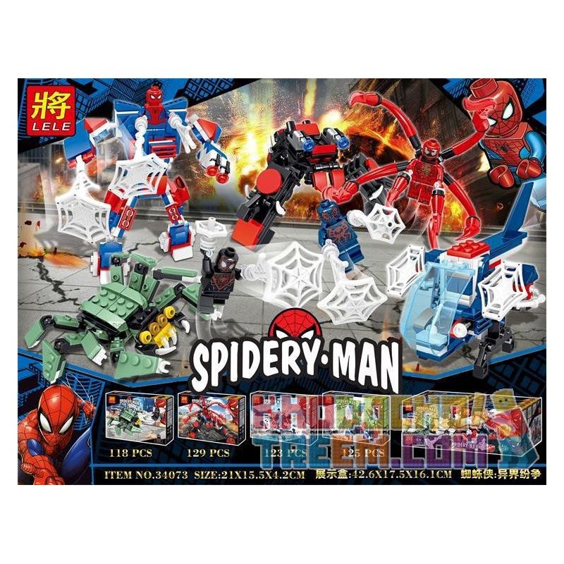 LELE 34073 34073-1 34073-2 34073-3 34073-4 Xếp hình kiểu Lego SUPER HEROES Spider-Man Spiderman Alien Conflict 4 Tranh Chấp Trong Các Thế Giới Khác Nhau 4 gồm 4 hộp nhỏ 495 khối