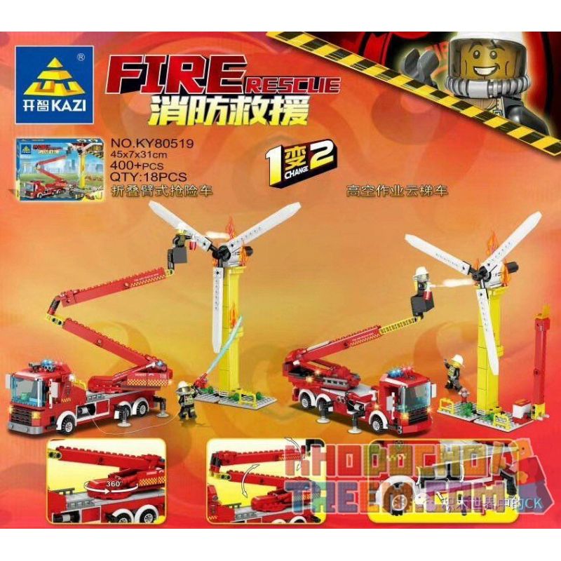Kazi KY80519 80519 Xếp hình kiểu Lego FIRE RESCURE Fire Rescue Folding Arm-type Rescue Vehicle, High-altitude Operation Of Cloud Ladder Cars 1 Change 2 Xe Cứu Hộ Tay Gấp, Xe Thang Làm Việc Trên Không 