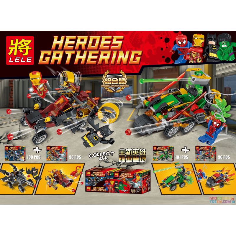 LELE 34016 non Lego 4 BỘ ĐỒ SIÊU ANH HÙNG bộ đồ chơi xếp lắp ráp ghép mô hình Super Heroes HEROES GATHERING Siêu Nhân Anh Hùng 395 khối