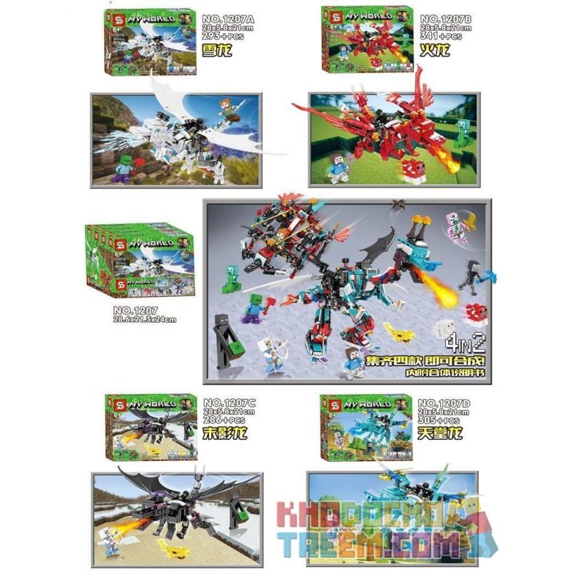 SHENG YUAN SY 1207 1207A 1207B 1207C 1207D SY1207 1207 Xếp hình kiểu Lego MINECRAFT My World Dragon Series Super Robot Dragon Battle Scene 4 Models Rồng Nguyên Tố gồm 6 hộp nhỏ lắp được 5 mẫu 1225 khối
