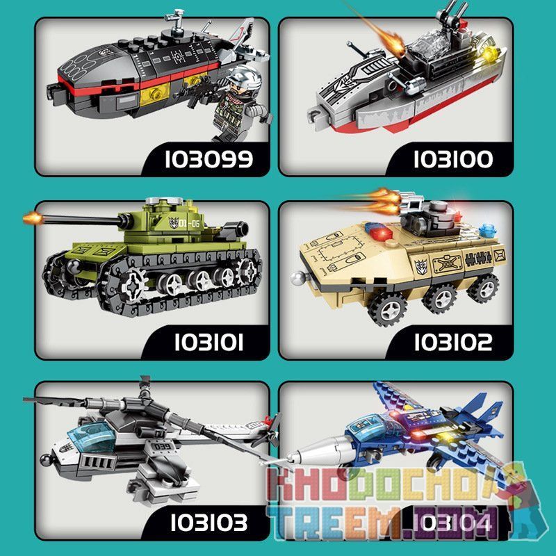 LIMO TOY KB087 SEMBO 103104 103099 103100 103101 103102 103103 non  TÀU NGẦM TRỰC THĂNG XE BỌC THÉP TĂNG MÁY BAY CHIẾN KẾT HỢP THÀNH NGƯỜI bộ đồ chơi xếp lắp ráp ghép mô hình Transformers MECHA OF STEEL Robot Đại Chiến Người Máy Biến Hình 733 khối