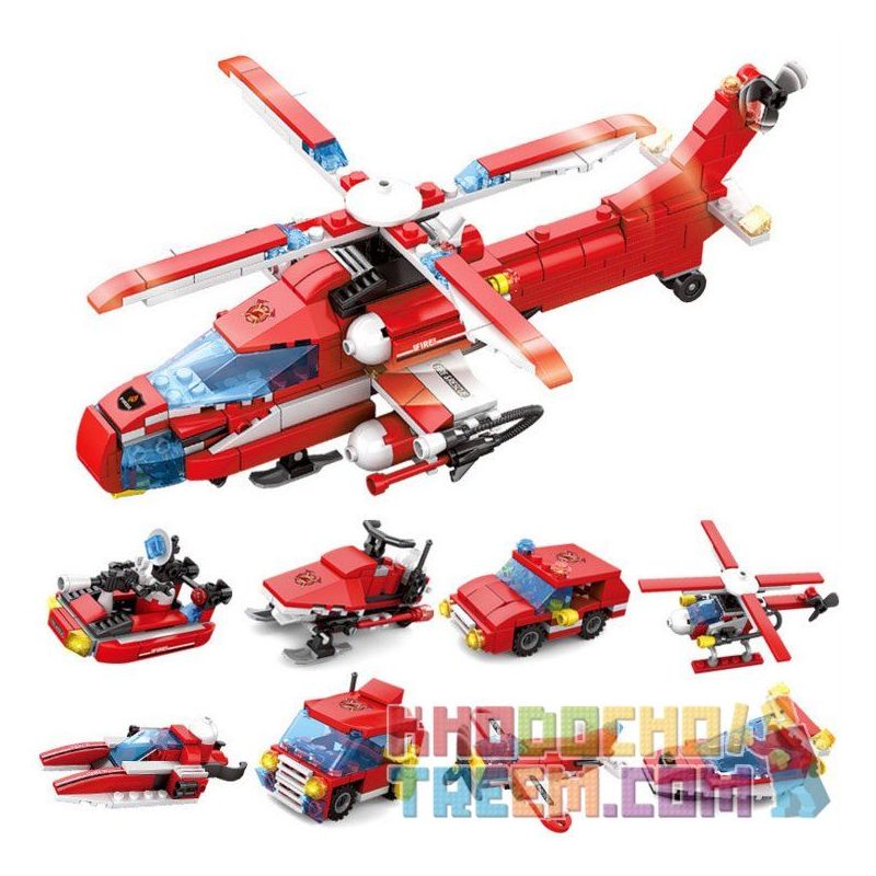 Kazi KY80514 80514 non  MÁY BAY CHỮA CHÁY ĐƯỢC LẮP BỞI 8 PHƯƠNG TIỆN NHỎ GỒM TRỰC THĂNG Ô TÔ CA NÔ XE TRƯỢT TUYẾT. bộ đồ chơi xếp lắp ráp ghép mô hình Fire Rescure CITY FIRE SERIES Cứu Hỏa 349 khối