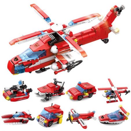 Kazi KY80514 80514 non  MÁY BAY CHỮA CHÁY ĐƯỢC LẮP BỞI 8 PHƯƠNG TIỆN NHỎ GỒM TRỰC THĂNG Ô TÔ CA NÔ XE TRƯỢT TUYẾT. bộ đồ chơi xếp lắp ráp ghép mô hình Fire Rescure CITY FIRE SERIES Cứu Hỏa 349 khối