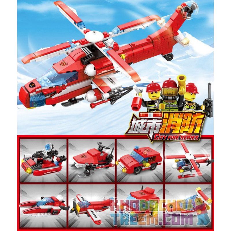 Kazi KY80514 80514 non  MÁY BAY CHỮA CHÁY ĐƯỢC LẮP BỞI 8 PHƯƠNG TIỆN NHỎ GỒM TRỰC THĂNG Ô TÔ CA NÔ XE TRƯỢT TUYẾT. bộ đồ chơi xếp lắp ráp ghép mô hình Fire Rescure CITY FIRE SERIES Cứu Hỏa 349 khối