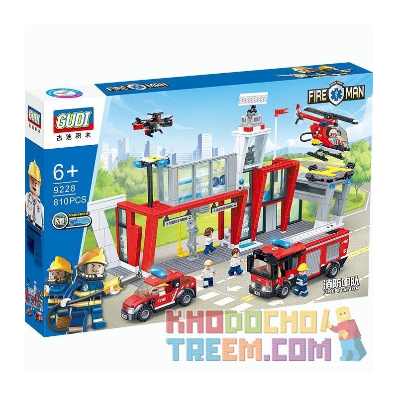 GUDI 9228 non Lego TRẠM CỨU HỎA GỒM Ô TÔ VÀ MÁY BAY bộ đồ chơi xếp lắp ráp ghép mô hình City FIREMAN FIRE STATION Thành Phố 810 khối