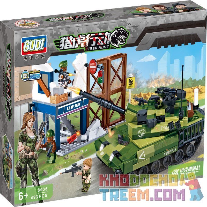 GUDI 8036 non  XE TĂNG PHÒNG THỦ bộ đồ chơi xếp lắp ráp ghép mô hình Tiger Hunt TIGER HUNT TANK DEFENCING WAR Chiến Dịch Săn Cọp 493 khối