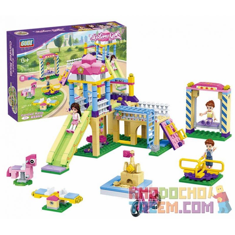 GUDI 9604 non  SÂN CHƠI GỒM CẦU TRƯỢT ĐU QUAY XÍCH ĐU.... bộ đồ chơi xếp lắp ráp ghép mô hình Modern Girls MODERN GIRLS CARNIVAL MANIA Những Cô Gái Hiện Đại 336 khối