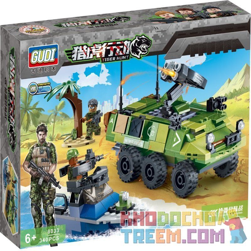 GUDI 8033 non  TRẬN CHIẾN CỦA LÍNH THỦY ĐÁNH BỘ bộ đồ chơi xếp lắp ráp ghép mô hình Tiger Hunt TIGER HUNT BEACH INVASION Chiến Dịch Săn Cọp 340 khối