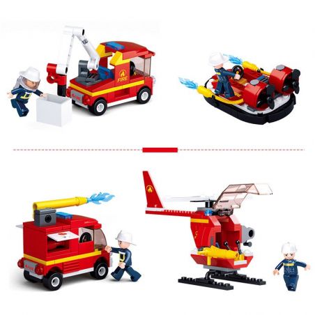 SLUBAN M38 non  PHƯƠNG TIỆN 4 LOẠI XE CỨU HỎA THANG THỦY PHI CƠ TRỰC THĂNG bộ đồ chơi xếp lắp ráp ghép mô hình Fire Rescure 323 khối