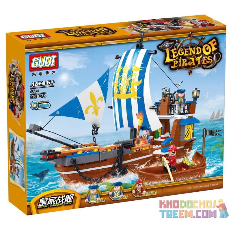 GUDI 9114 non  CHIẾN HẠM HOÀNG GIA bộ đồ chơi xếp lắp ráp ghép mô hình Pirates Of The Caribbean LEGEND OF PIRATES ROYAL WARSHIP VASA Cướp Biển Vùng Caribe 312 khối
