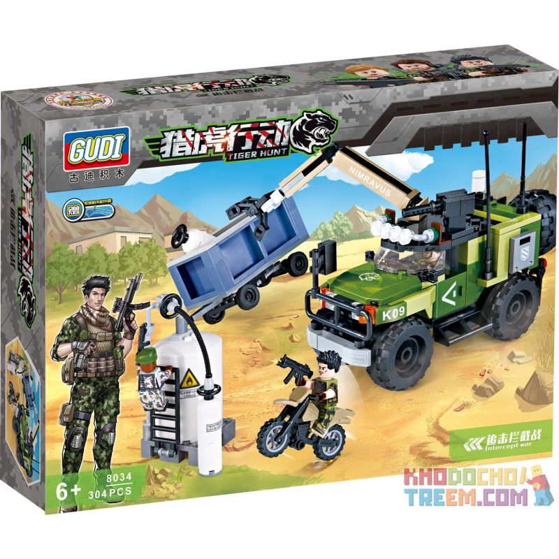 GUDI 8034 non  XE CẦN CẨU CÓ SÚNG MÁY bộ đồ chơi xếp lắp ráp ghép mô hình Tiger Hunt TIGER HUNT INTERCEPT WAR Chiến Dịch Săn Cọp 304 khối