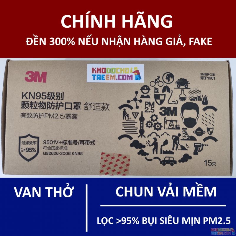 Khẩu trang 3M 9501V+ KN95 lọc hơn 95% bụi siêu mịn PM2.5 có van thở, đeo tai, chun vải mềm hơn 9501VT, chính hãng