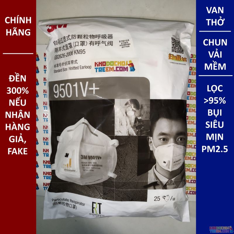 Khẩu trang 3M 9501V+ KN95 lọc hơn 95% bụi siêu mịn PM2.5 có van thở, đeo tai, chun vải mềm hơn 9501VT, chính hãng