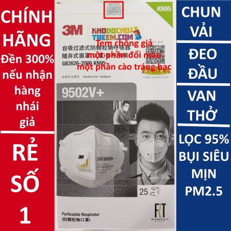 Khẩu trang 3M 9502V+ KN95 lọc hơn 95% bụi siêu mịn PM2.5 có van thở, đeo tai, chun vải mềm hơn 9502VT, chính hãng