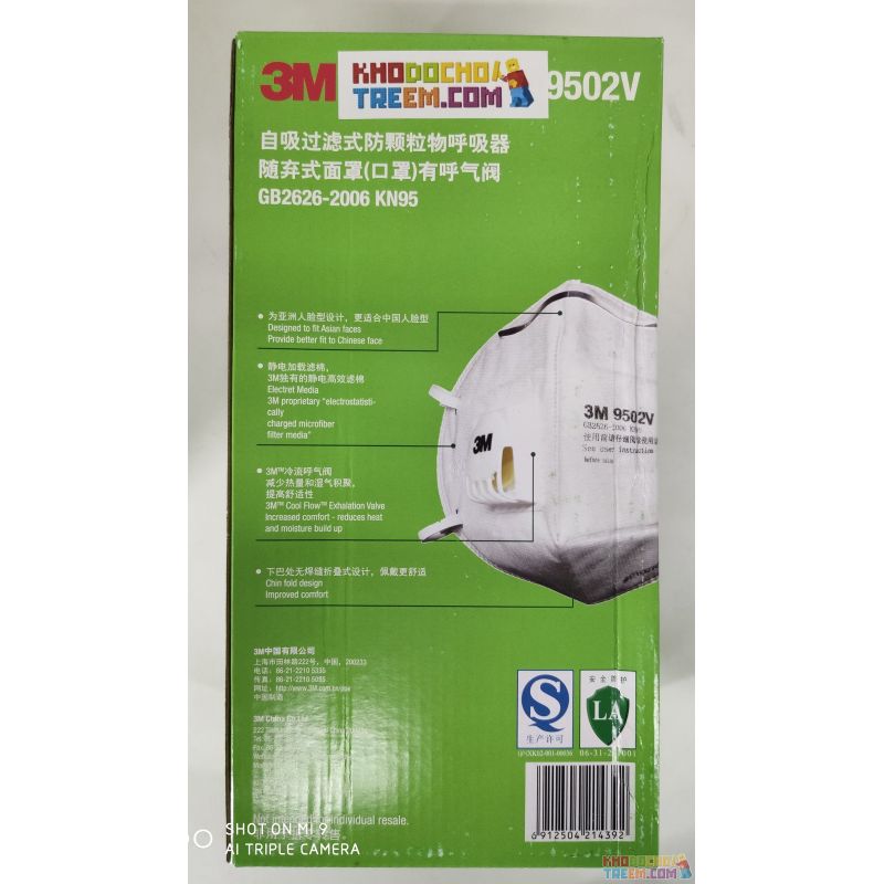 Khẩu trang 3M 9502V KN95 có đệm mũi lọc hơn 95% bụi siêu mịn PM2.5 có van thở, đeo đầu, chun tổng hợp, chính hãng nâng cấp của 9