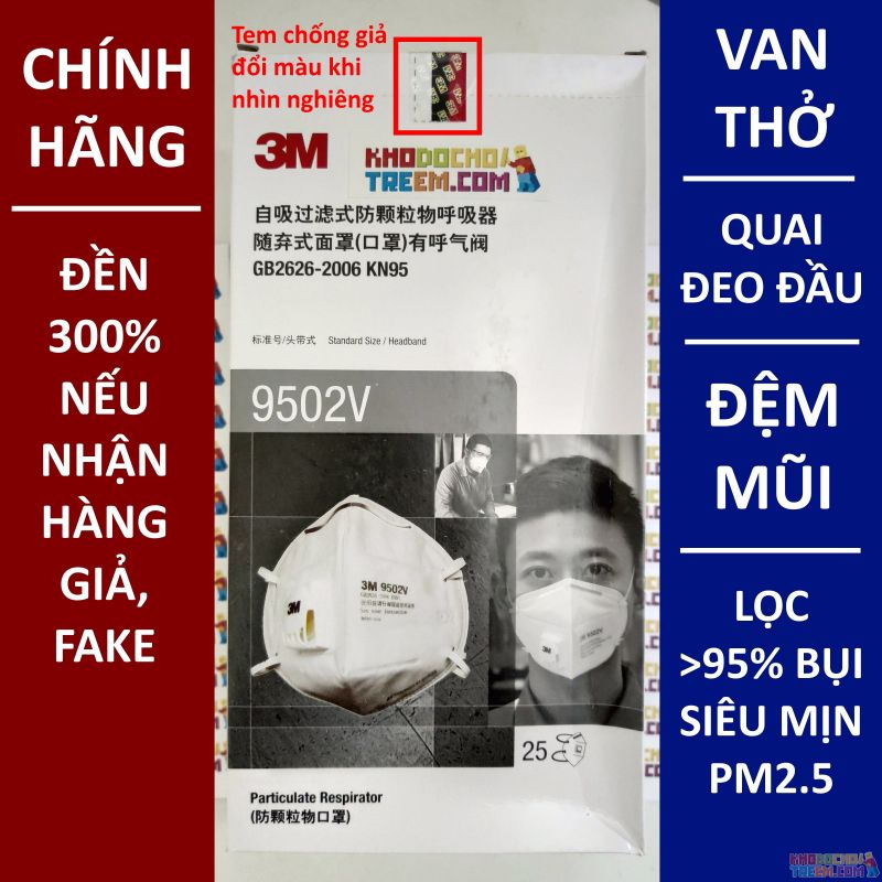 Khẩu trang 3M 9502V KN95 có đệm mũi lọc hơn 95% bụi siêu mịn PM2.5 có van thở, đeo đầu, chun tổng hợp, chính hãng nâng cấp của 9