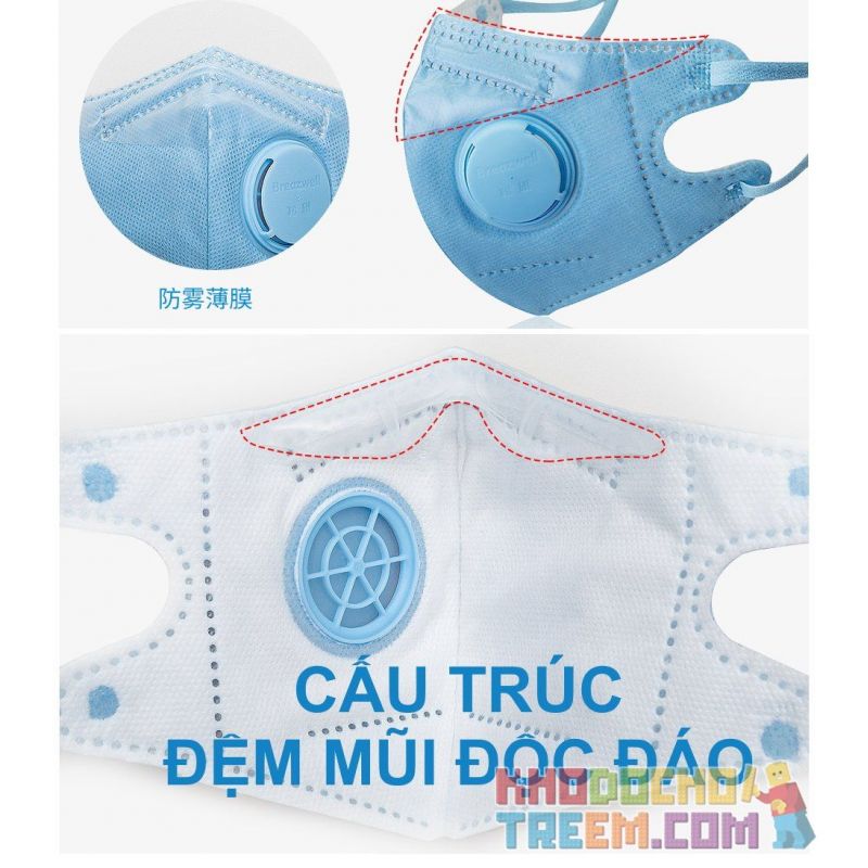 Khẩu trang trẻ em 3 - 10 tuổi KN95 Breazwell 530V lọc hơn 95% bụi siêu mịn PM2.5 có van thở, đệm mũi, chun vải mềm, đeo cả tai l