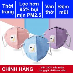 Khẩu trang 3M 9501C xanh tím hồng KN95 có đệm mũi lọc hơn 95% bụi siêu mịn PM2.5 có van thở, đeo tai, chính hãng