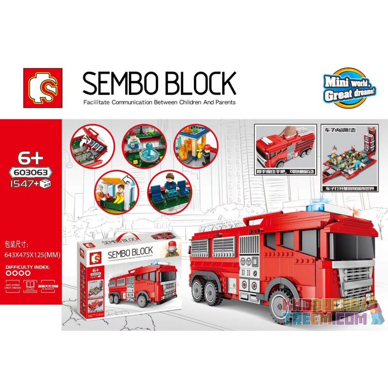 SEMBO 603063 non  XE CỨU HỎA THÀNH PHỐ THU NHỎ MÀU ĐỎ bộ đồ chơi xếp lắp ráp ghép mô hình City 1547 khối
