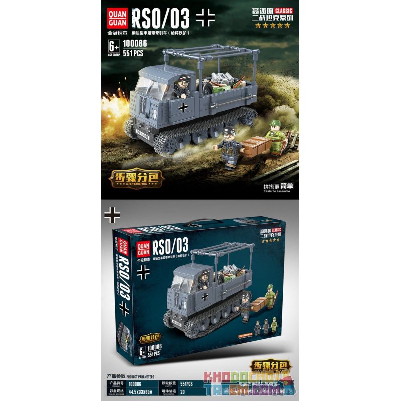 QUANGUAN 100086 Xếp hình kiểu Lego WORLD WAR II RSO 03 Máy Kéo Nửa Đường Kiểu Diesel (Lừa Sắt Của Đức Quốc Xã) 551 khối QUANGUAN 100086 Xếp hình kiểu Lego WORLD WAR II RSO 03 Máy Kéo Nửa Đường Kiểu Diesel (Lừa Sắt Của Đức Quốc Xã) 551 khối