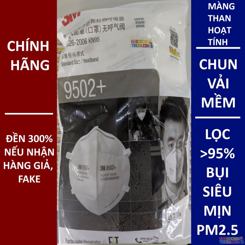Khẩu trang 3M 9502+ KN95 lọc hơn 95% bụi siêu mịn PM2.5 và độc với màng than hoạt tính chun vải mềm đeo đầu chính hãng tốt nhất 
