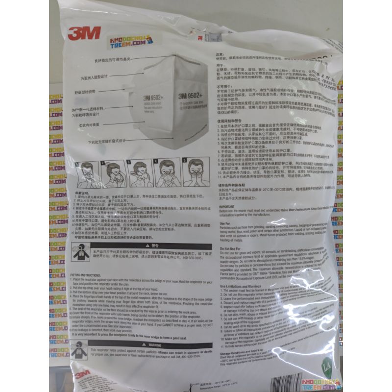 Khẩu trang 3M 9502+ KN95 lọc hơn 95% bụi siêu mịn PM2.5 và độc với màng than hoạt tính chun vải mềm đeo đầu chính hãng tốt nhất 