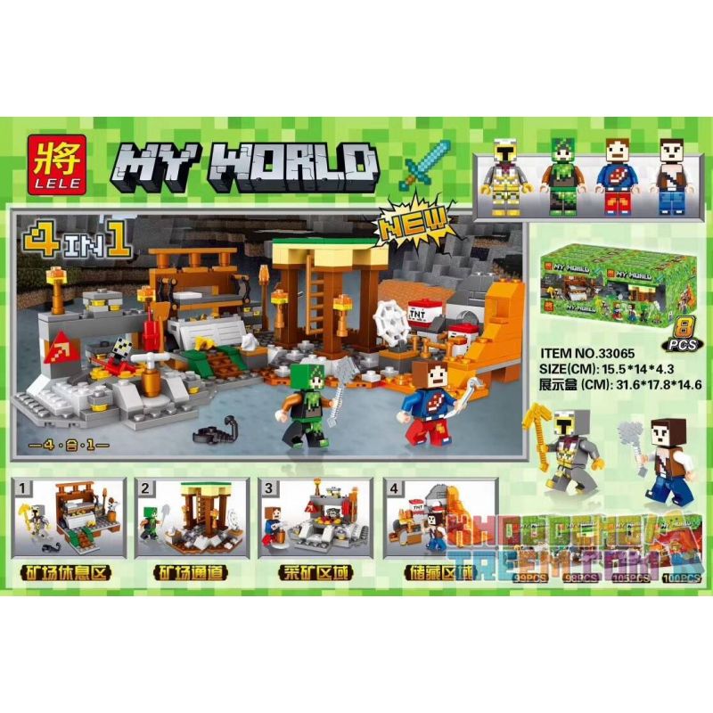 LELE 33065 non Lego CẢNH NHỎ BỐN TRONG MỘT CỦA MỎ bộ đồ chơi xếp lắp ráp ghép mô hình Minecraft MY WORLD 4IN1 Game Xây Dựng 402 khối