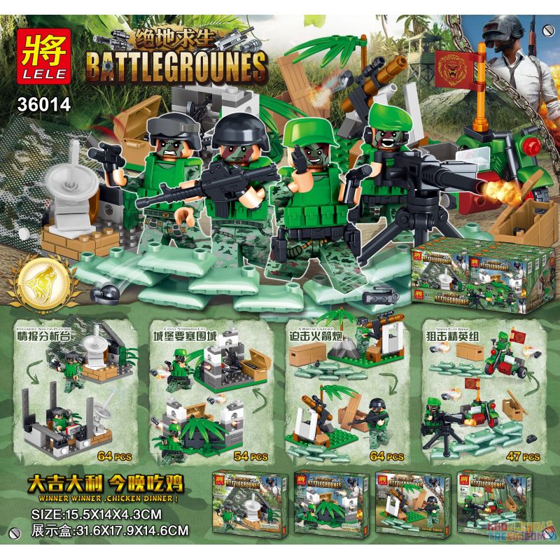 LELE 36014 36014-1 36014-2 36014-3 36014-4 Xếp hình kiểu Lego PUBG BATTLEGROUNDS Battlegrounes 4 Minifigure Scenes Minifigures 4 Kiểu gồm 4 hộp nhỏ 229 khối