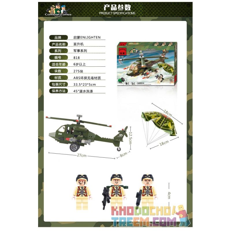 Enlighten 818 Qman 818 non  MÁY BAY TRỰC THĂNG bộ đồ chơi xếp lắp ráp ghép mô hình Military Army COMBATZONES HELICOPTER Quân Sự Bộ Đội 275 khối