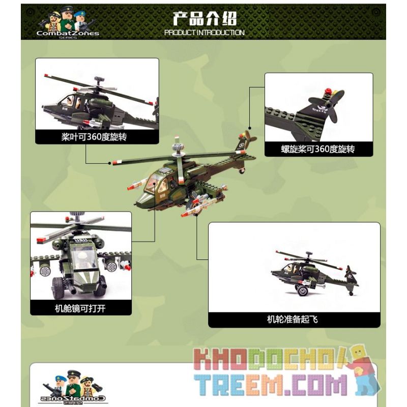 Enlighten 818 Qman 818 non  MÁY BAY TRỰC THĂNG bộ đồ chơi xếp lắp ráp ghép mô hình Military Army COMBATZONES HELICOPTER Quân Sự Bộ Đội 275 khối