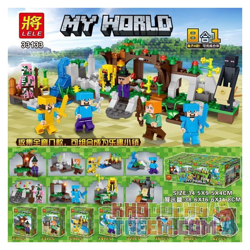 LELE 33133 non Lego MINIFIGURES 8 KIỂU TRONG 1 bộ đồ chơi xếp lắp ráp ghép mô hình Minecraft MY WORLD 8IN1 Game Xây Dựng 286 khối