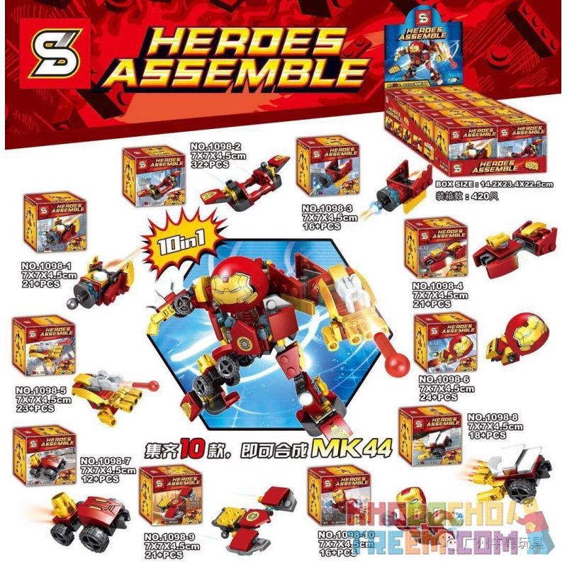 SHENG YUAN SY 1098 non Lego SỰ KẾT HỢP GIỮA IRON MAN ANTI-HULK ARMOR MK44 10 bộ đồ chơi xếp lắp ráp ghép mô hình Super Heroes HEROES ASSEMBLE Siêu Nhân Anh Hùng 204 khối