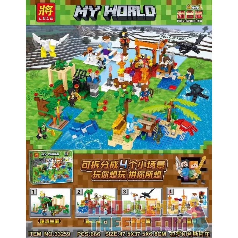 LELE 33259 non Lego LÀNG LA ROCHELIS 4 CẢNH RỪNG VUI NHỘN ĐẢO ĐỒNG CỎ CÁNH TUYẾT bộ đồ chơi xếp lắp ráp ghép mô hình Minecraft MY WORLD 4IN1 Game Xây Dựng