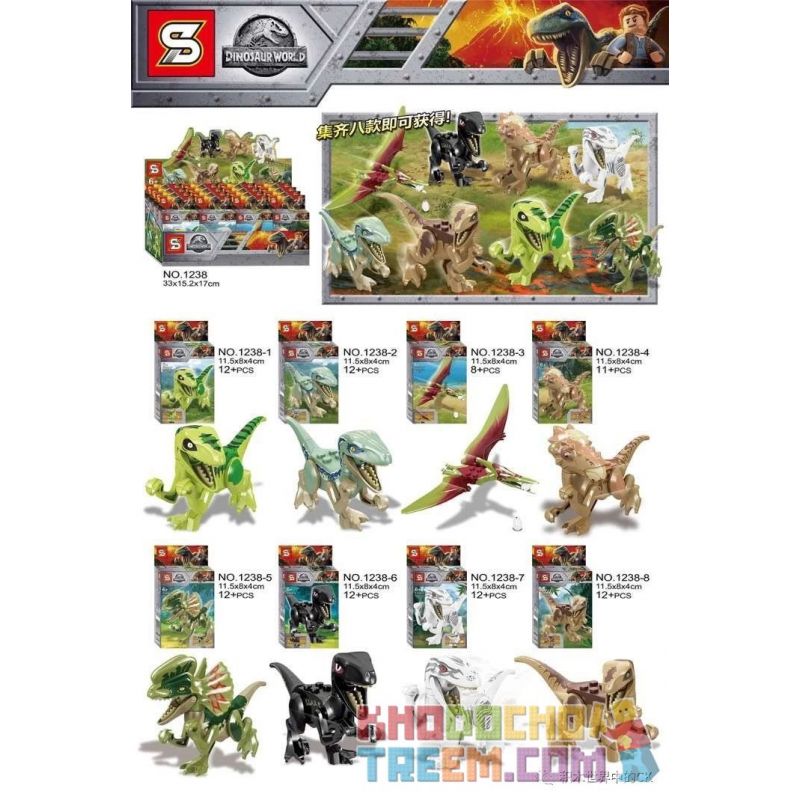 SY 1500 1238 non Lego 8 CON KHỦNG LONG bộ đồ chơi xếp lắp ráp ghép mô hình Jurassic World DINOSAUR WORLD Thế Giới Khủng Long 83 khối