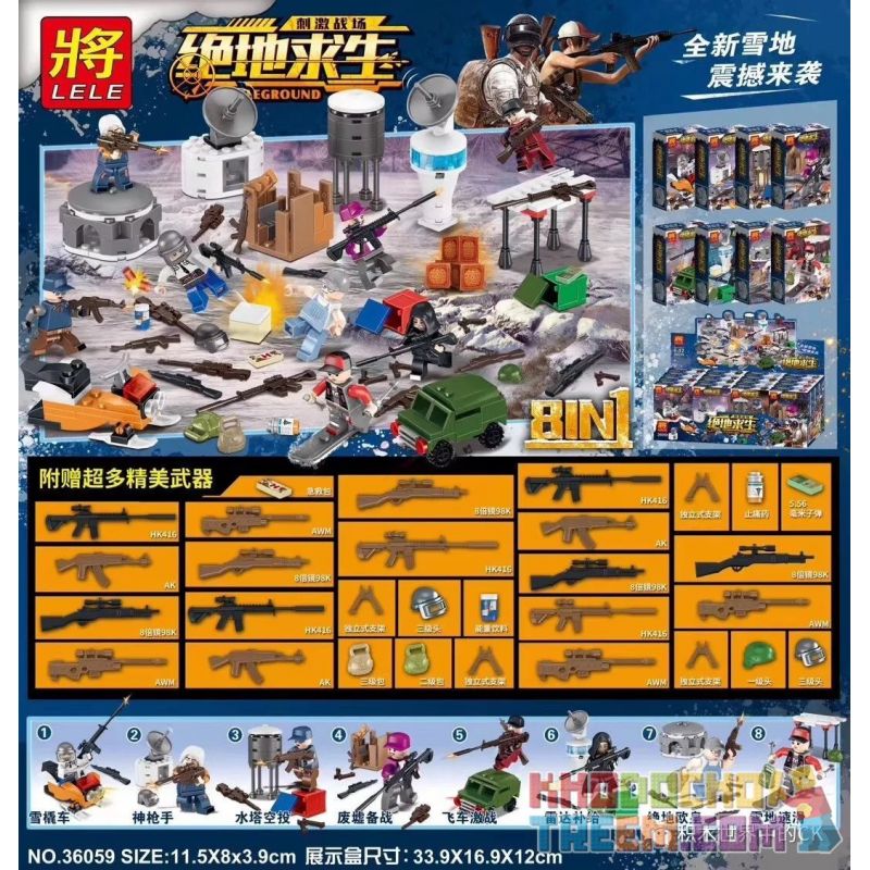 LELE 36059 Xếp hình kiểu Lego PUBG BATTLEGROUNDS Minifigures And Accessories 8 Types Of Sled Cars, Sharpshooters, Water Tower Airdrops, Ruins Preparations, Speed Fighting, Radar Supplies Các nhân vật LELE 36059 Xếp hình kiểu Lego PUBG BATTLEGROUNDS Minifigures And Accessories 8 Types Of Sled Cars, Sharpshooters, Water Tower Airdrops, Ruins Preparations, Speed Fighting, Radar Supplies Các nhân vật