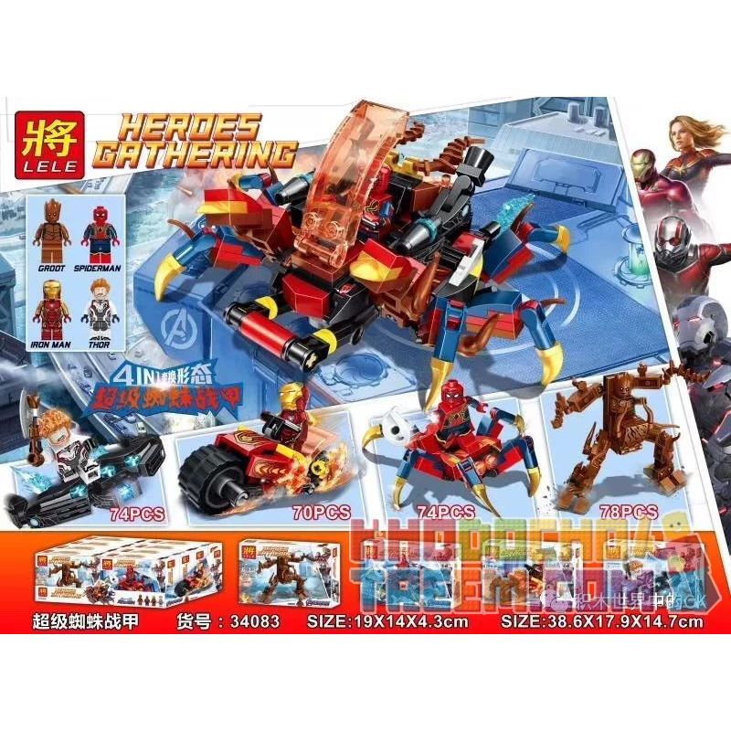 LELE 34083 non Lego SỰ KẾT HỢP SUPER SPIDER BATTLEGEAR 4 bộ đồ chơi xếp lắp ráp ghép mô hình Super Heroes HEROES GATHERING Siêu Nhân Anh Hùng 296 khối