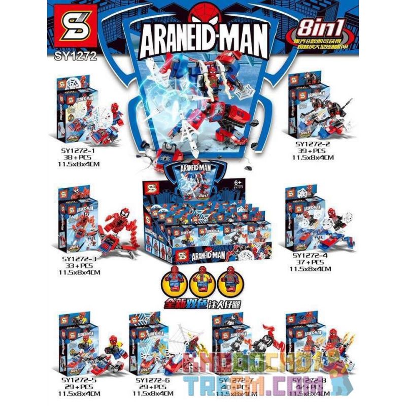 SHENG YUAN SY SY1272 1272 non Lego NGƯỜI NHỆN MINIFIGURE 8 bộ đồ chơi xếp lắp ráp ghép mô hình Super Heroes ARANEID-MAN Siêu Nhân Anh Hùng 287 khối