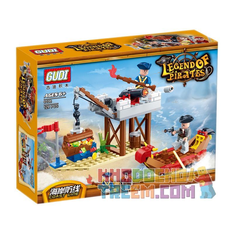 GUDI 9108 non  PHÒNG THỦ BỜ BIỂN bộ đồ chơi xếp lắp ráp ghép mô hình Pirates Of The Caribbean LEGEND OF PIRATES COAST LINE Cướp Biển Vùng Caribe 129 khối