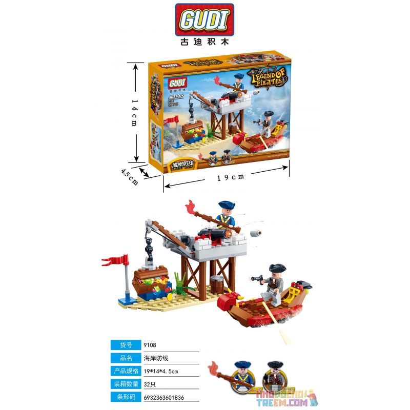GUDI 9108 non  PHÒNG THỦ BỜ BIỂN bộ đồ chơi xếp lắp ráp ghép mô hình Pirates Of The Caribbean LEGEND OF PIRATES COAST LINE Cướp Biển Vùng Caribe 129 khối